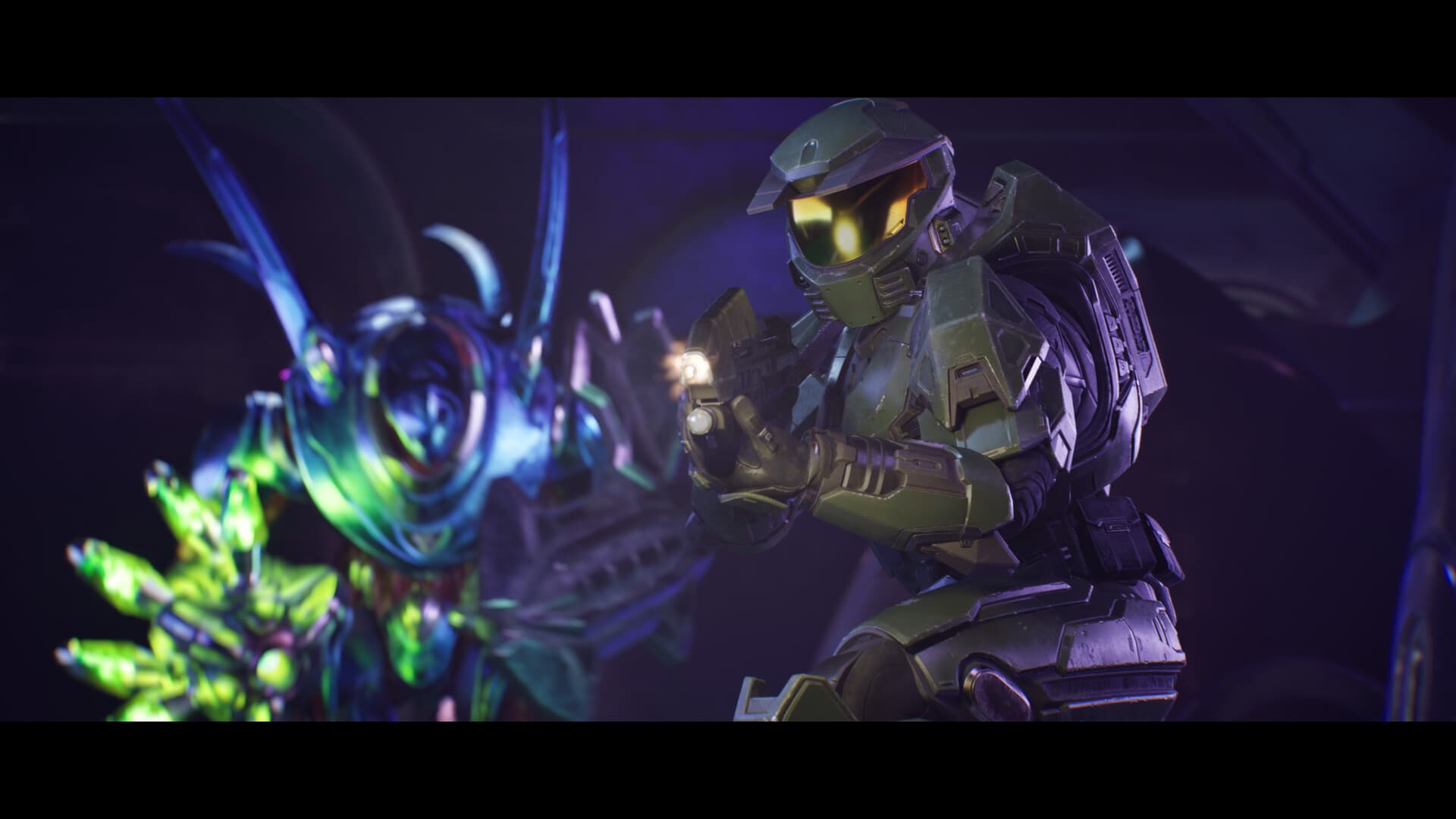 Master Chief facing a glowing alien threat in Halo: Campaign Evolved