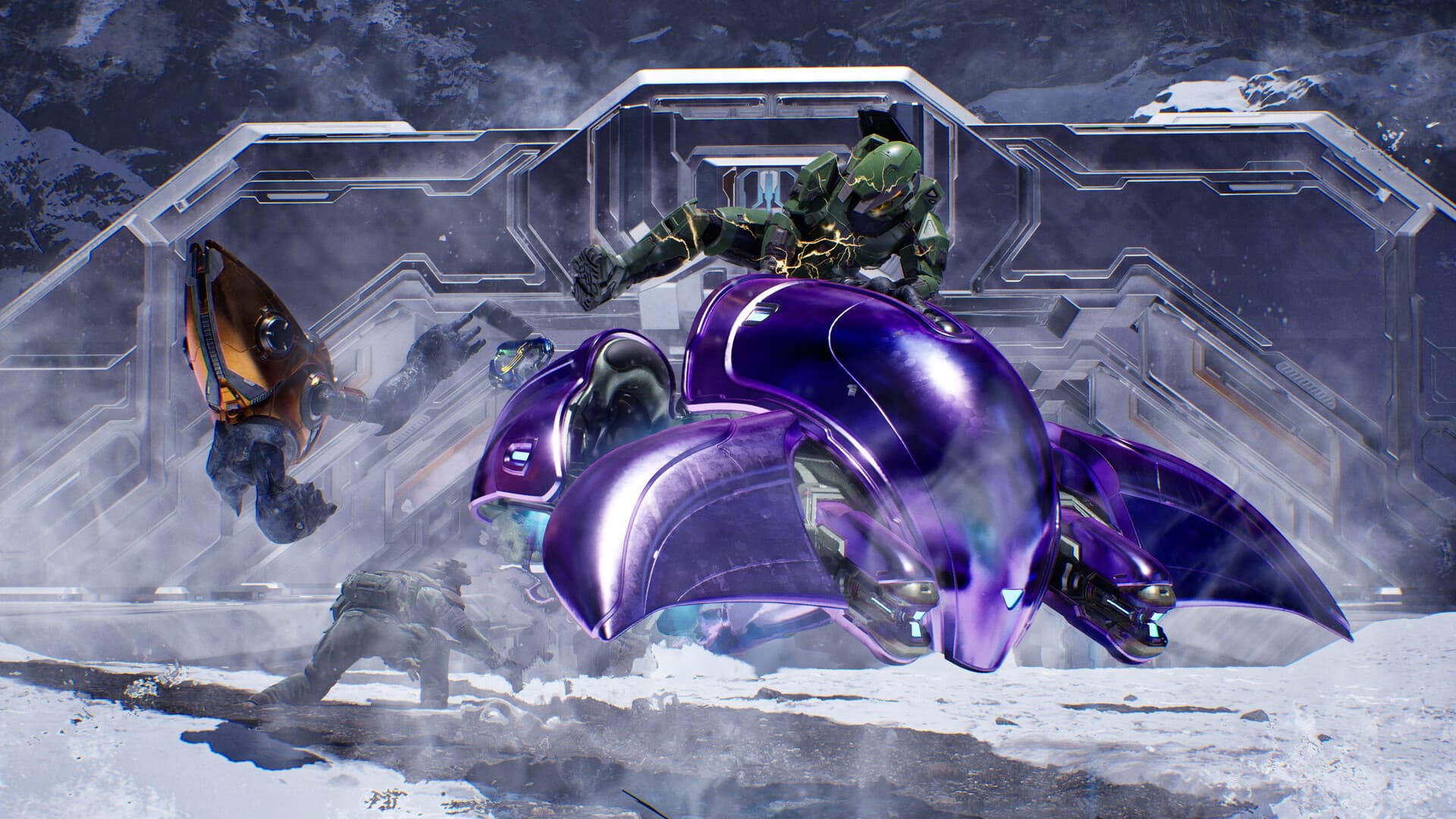 Master Chief thrown above a Banshee during a snowy Covenant battle